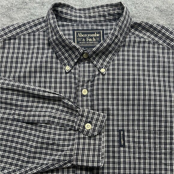Abercrombie Shirt Men L Blue Gray Plaid Oversized Long Sleeve Button-Down Relax - Picture 1 of 10
